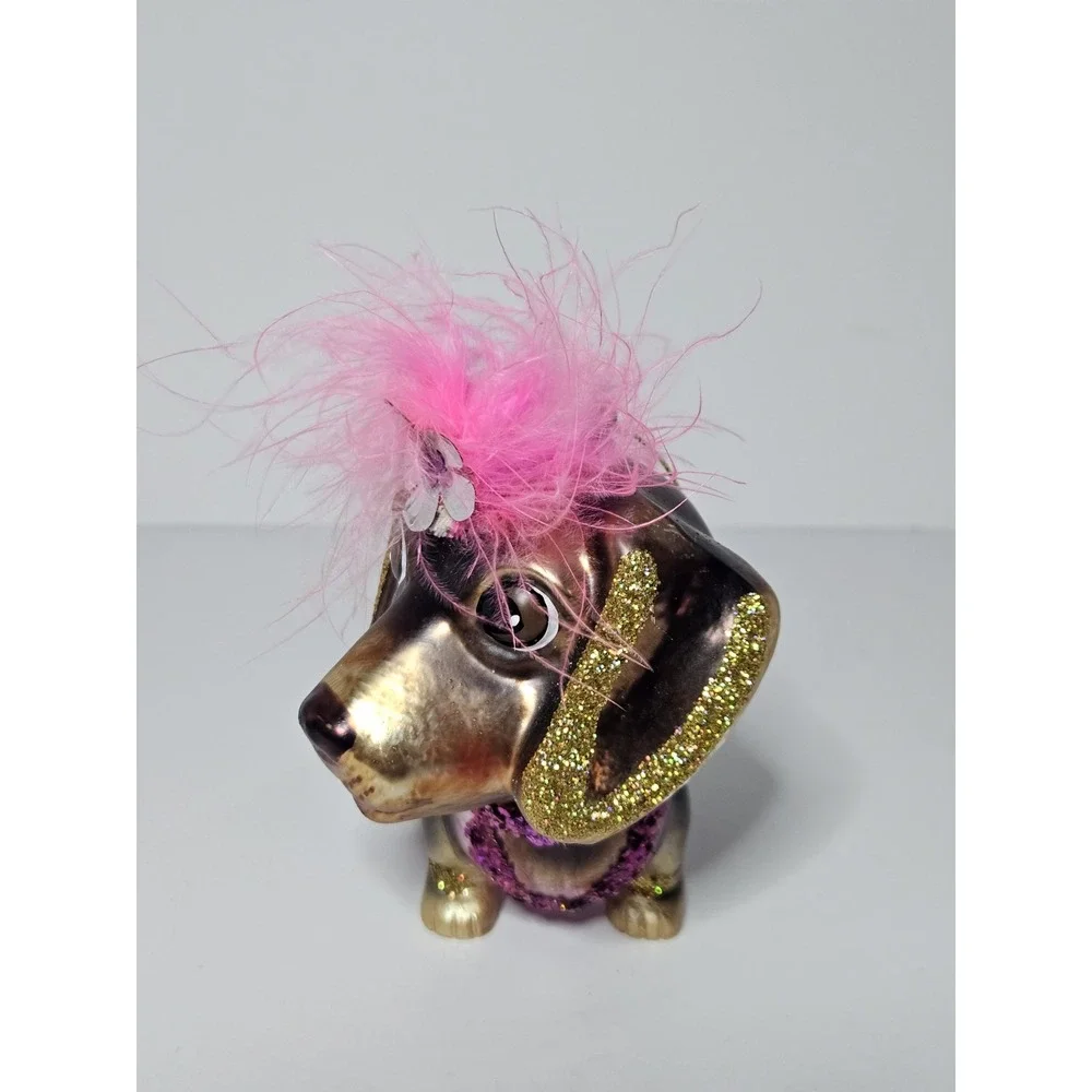 Glitter Princess Dachshund Dog Glass Ornament Pink Tutu Faux Feather Tiara 5